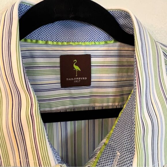 Tailorbyrd Shirt Men’s Short Sleeve Blue Green Stripe Sz 3XLT Contrasting Collar - Picture 3 of 6